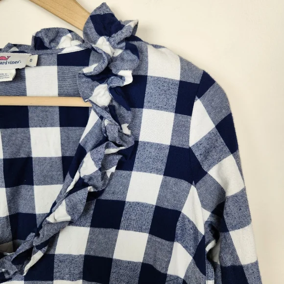 Vineyard Vines Blue White Checkered Plaid Ruffle Neck Dress Sz 0 - Picture 2 of 6